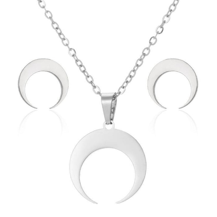 Moon Crescent Stainless Steel Jewelry Set - Geometric Simple Necklace and Earrings