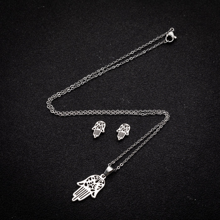 Hamsa Palm Pendant Necklace Earring Set, Cross-border Stainless Steel All-match Jewelry Wholesale