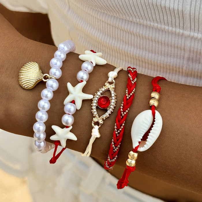 Shell and Evil Eye Bracelet Set - Five-Piece Summer Pearl Jewelry