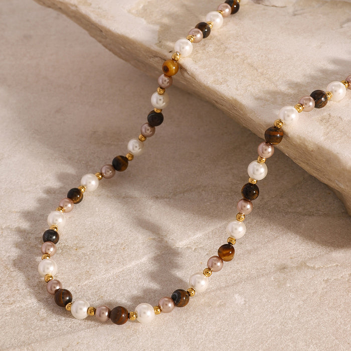 Tiger eye pearl clavicle necklace, Bohemian style high-end design