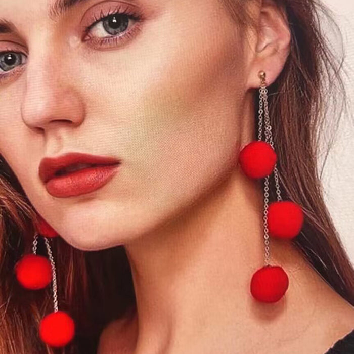 Retro red tassel wool ball earrings autumn and winter velvet ball earrings