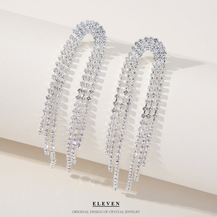 Geometric Rhinestone Tassel Earrings - Exaggerated Long Dangles for Evening Wear