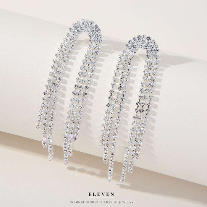 Geometric alloy diamond and rhinestone long tassel earrings