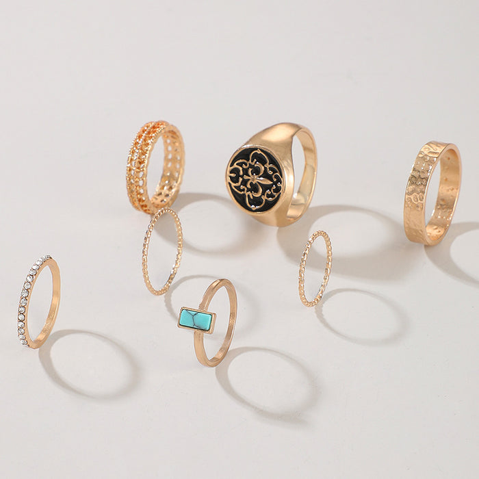 Oil-drip flower hollow ring set, geometric diamond turquoise six-piece set