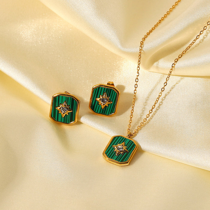 18K Gold-Plated Eight-Pointed Star Pendant Necklace with Green Malachite - Women's Fashion Jewelry