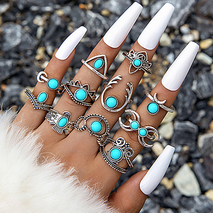 Vintage Turquoise Owl Moon Ring Set - 12pcs Stylish Rings