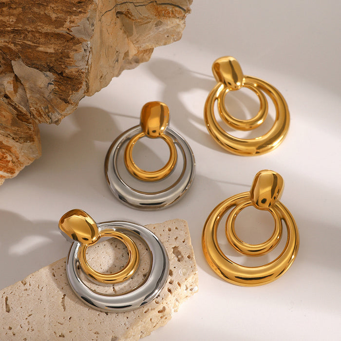 Stainless steel double-layer hollow earrings, simple and antique temperament color matching earrings