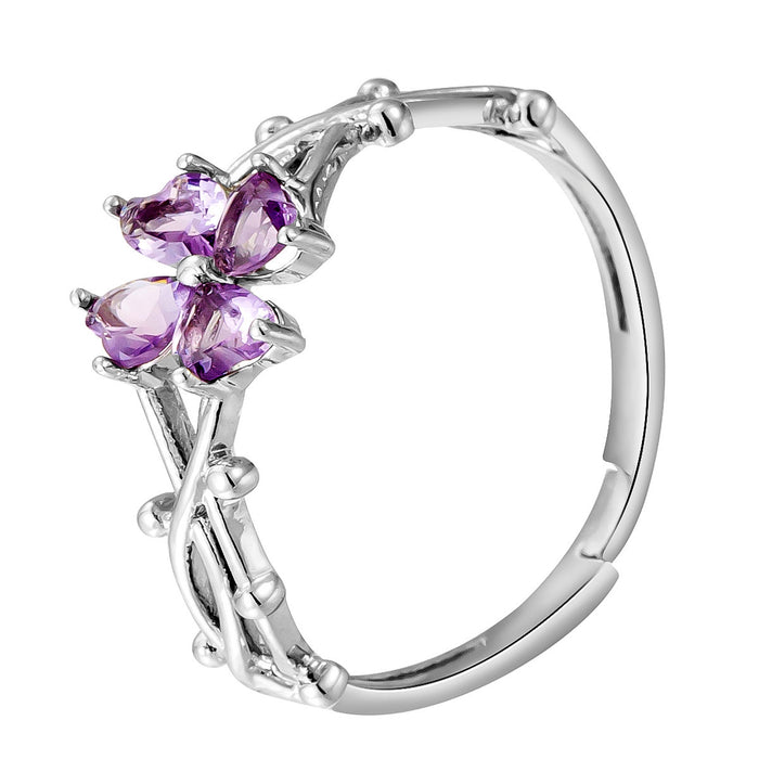 Wholesale purple-pink zircon four-leaf clover flower rings