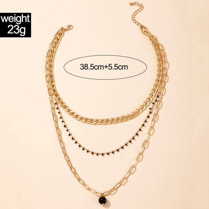 Black Beaded Triple Layer Necklace with Geometric Chain Multi-Layer Design