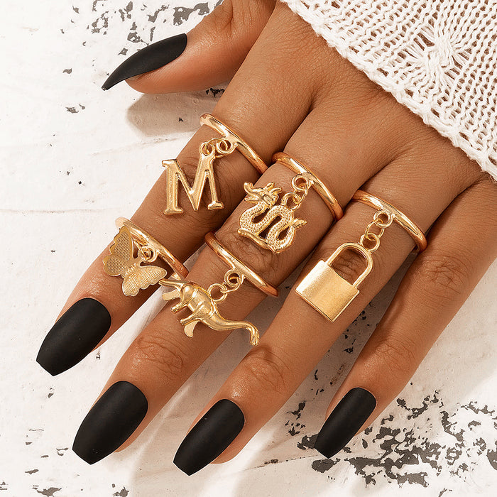 Dinosaur letter lock butterfly alloy 5-piece ring set for women