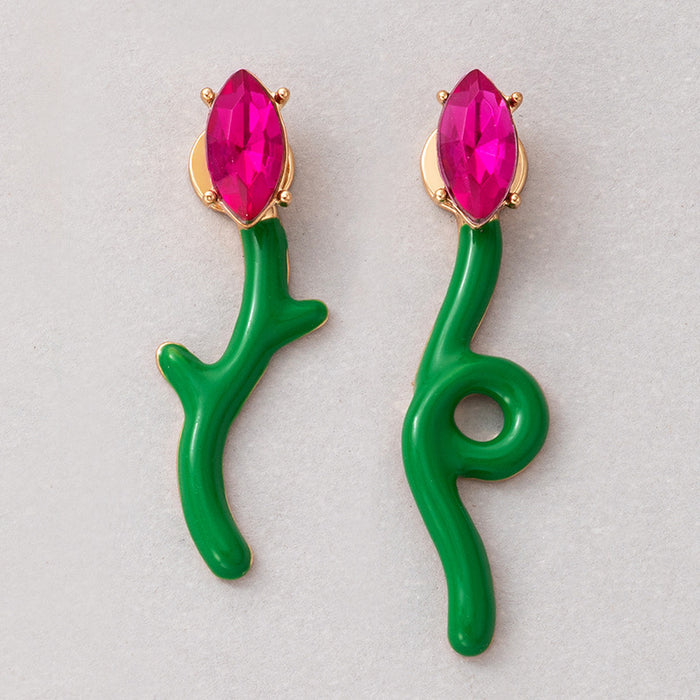 Pink diamond floral geometric irregular personality earrings