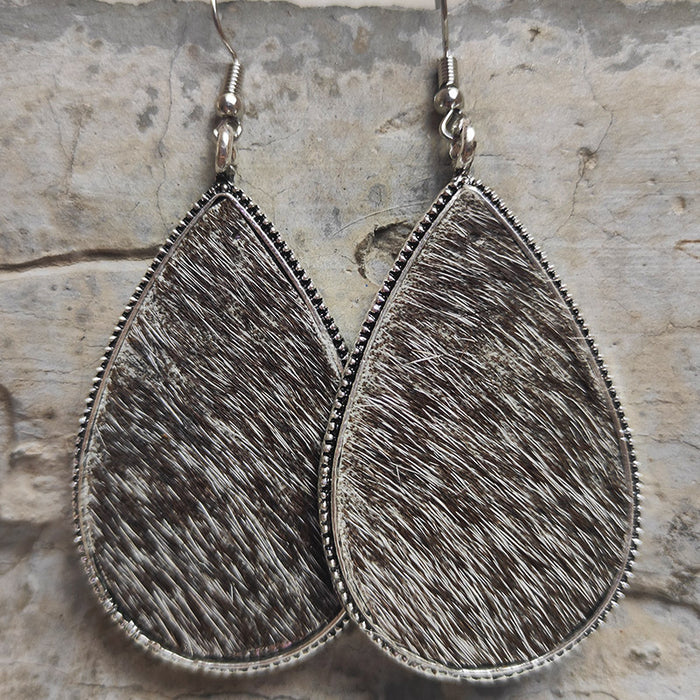 Textured Cowhide Leather Earrings with Leopard Print and Western Style