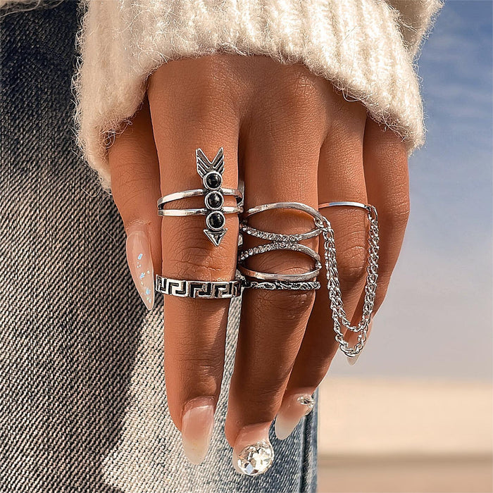 Diamond chain vintage arrow ring 4-piece set