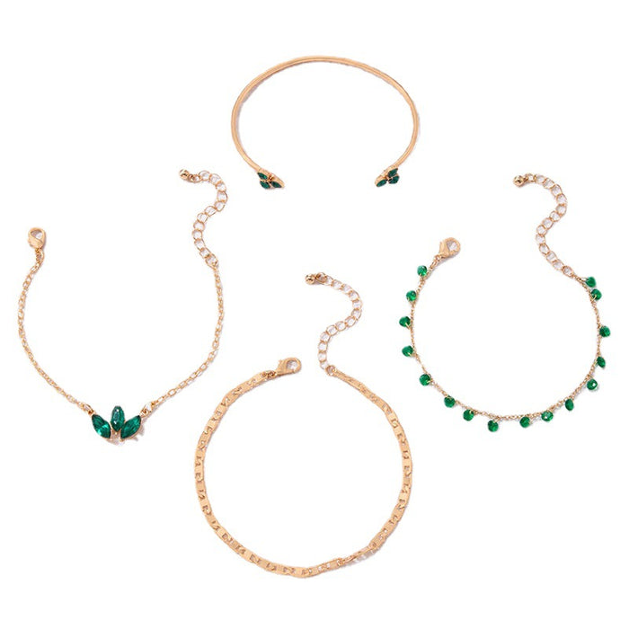 Conjunto de pulseras de trébol de hojas verdes: joyas de mujer de cuatro piezas con diamantes de imitación