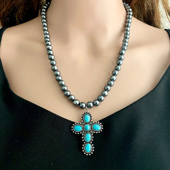 Western Cowboy Necklace with Vintage Cross, Bull Head, Cactus, and Turquoise - Bold and High-End Design