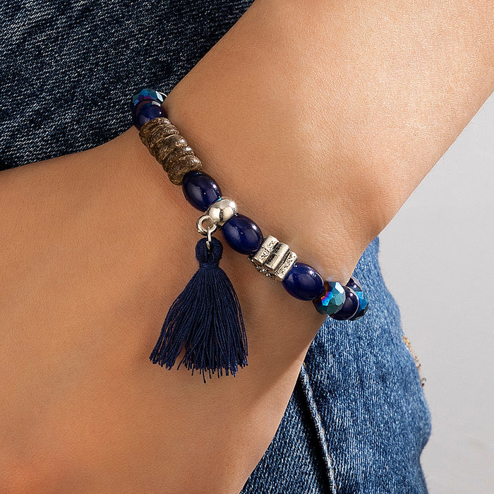 Pulsera de borlas de cuentas azules de estilo étnico con dije floral