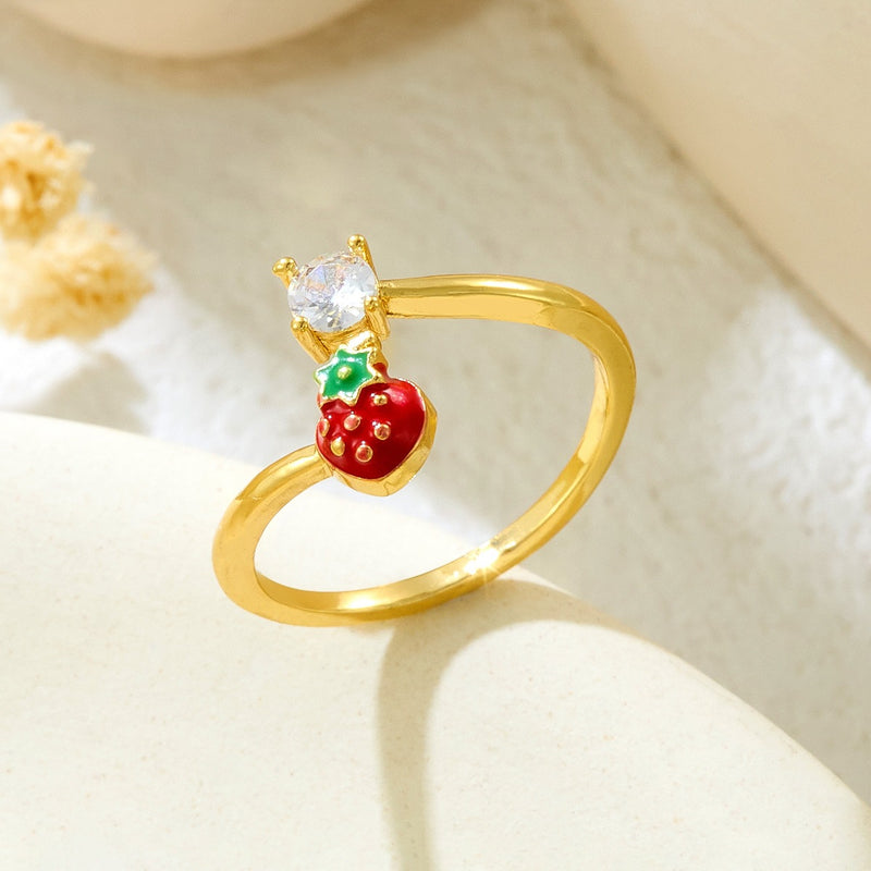 Wholesale copper micro-painted strawberry and cherry open rings - wallojewerly 