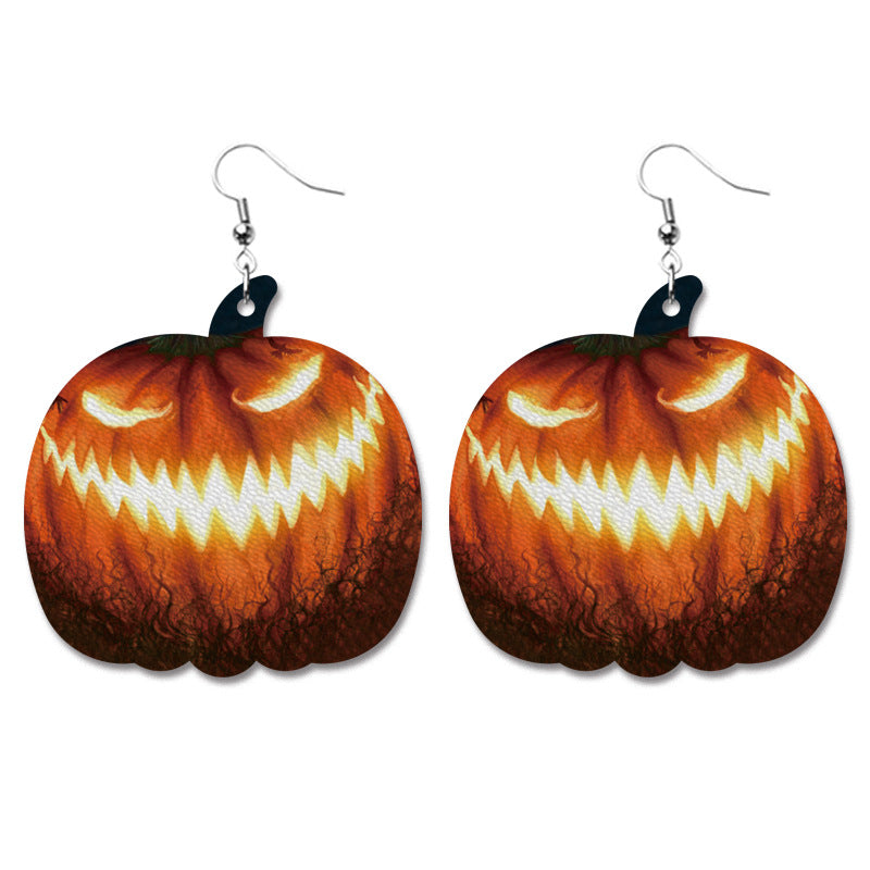 Creative Halloween PU Leather Earrings with Pumpkin and Bat Design - wallojewerly 