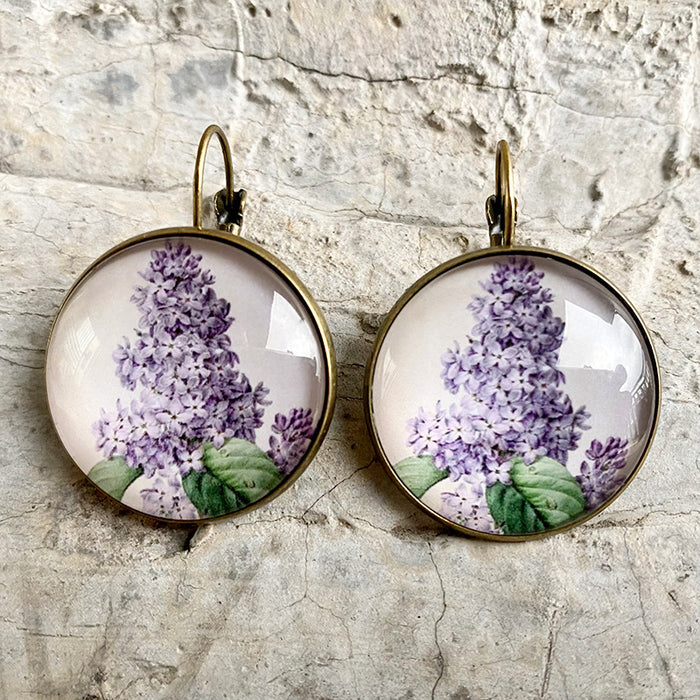 Vintage Glass Earrings with Sunflower, Sunflower, and Lavender Design