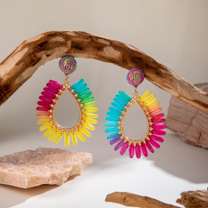 Geometric teardrop hollow earrings colorful raffia earrings