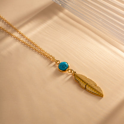 Stainless Steel Feather Pendant Necklace with Turquoise Inlay - Trendy Women's Fashion