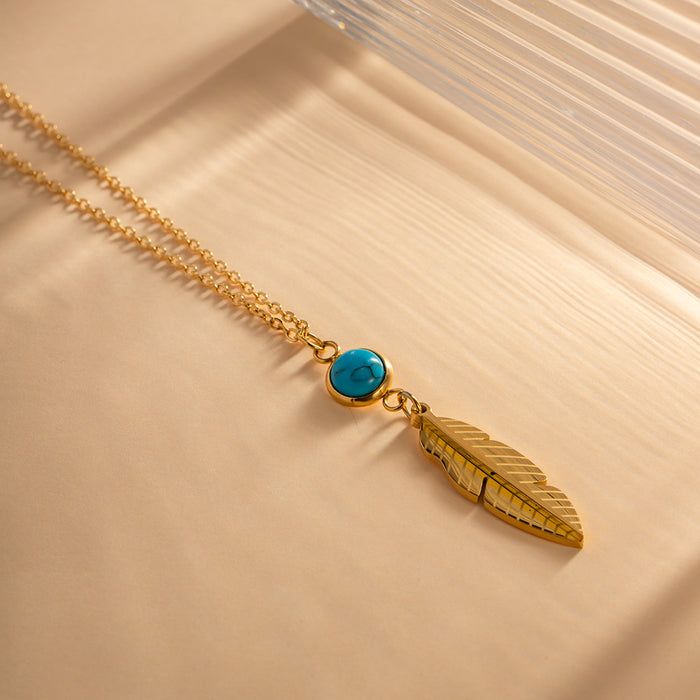 Stainless Steel Feather Pendant Necklace with Turquoise Inlay - Trendy Women's Fashion