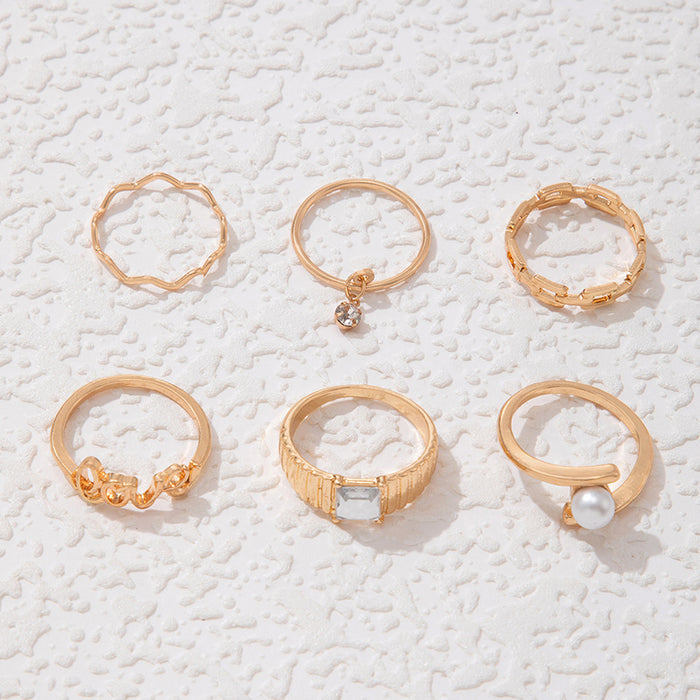 Pearl Letter Wave Hollow Square Six-Piece Ring Set