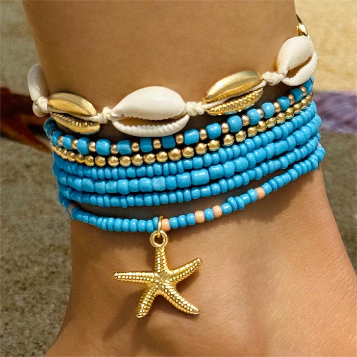 Bohemian Shell and Starfish Bracelet Set – Beach-Inspired Seven-Piece Jewelry