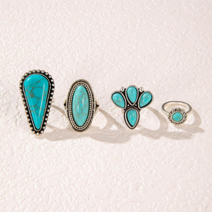 Conjunto de anillos retro con flores y turquesas: conjunto geométrico de cuatro piezas para nudillos