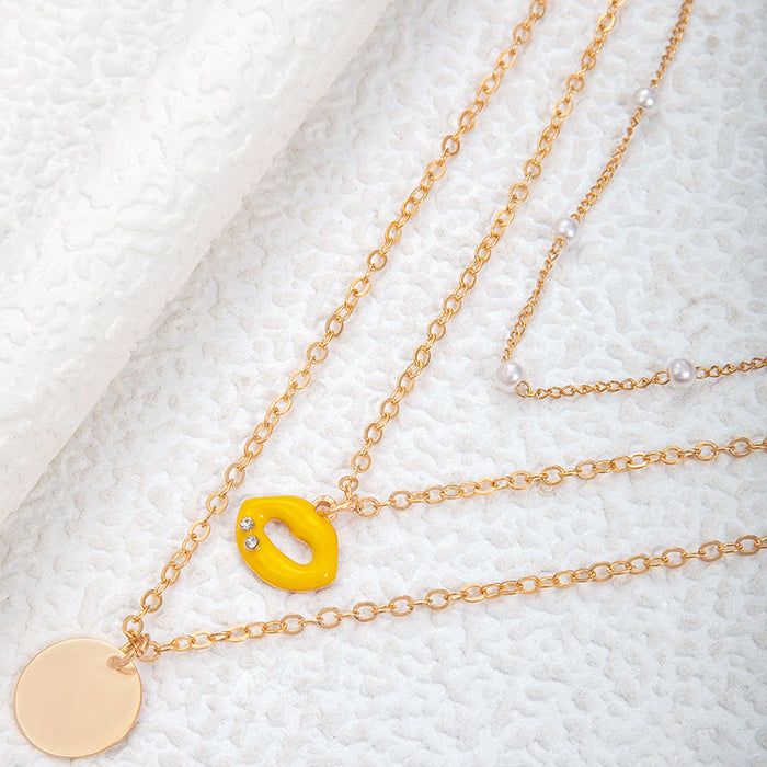 Yellow Enamel Lip Pendant Multi-Layer Necklace - Pearl and Disc Four-Chain Set