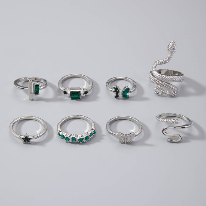 Green Gemstone Butterfly Open Ring Set - 8pcs Cool Snake Rings