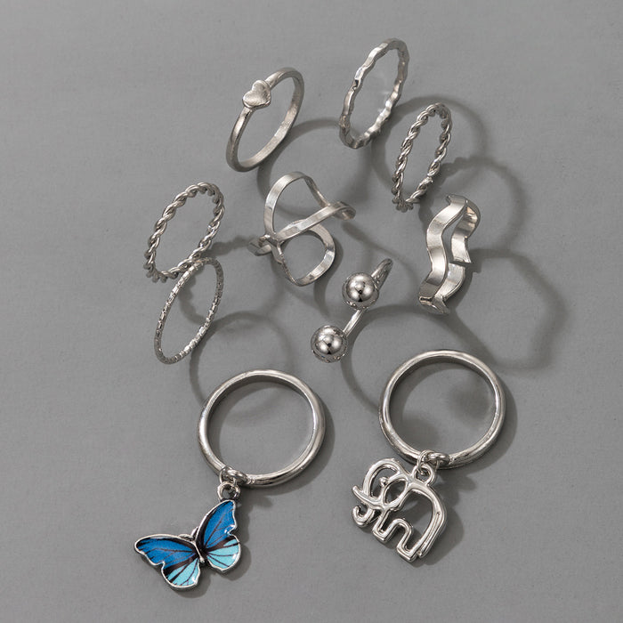 Butterfly elephant retro love 10-piece silver ring for women