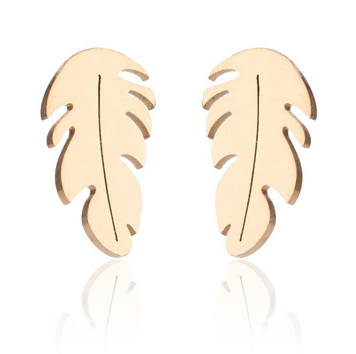 Feather and Leaf Stainless Steel Stud Earrings - Simple and Elegant Jewelry