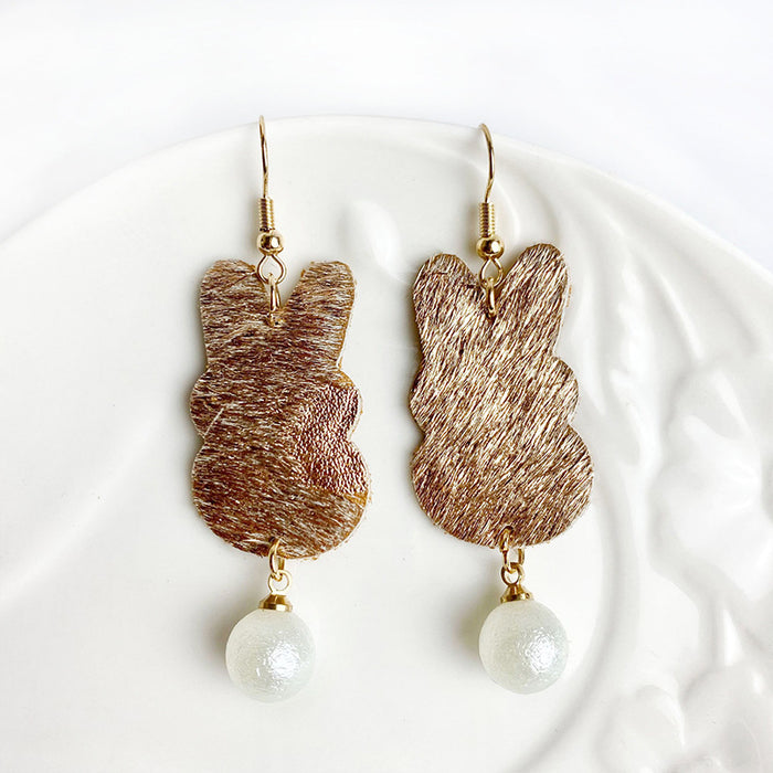 Easter Bunny Earrings with Faux Pearl Pendant, Leopard Print, and Gold Dots on Cowhide Leather