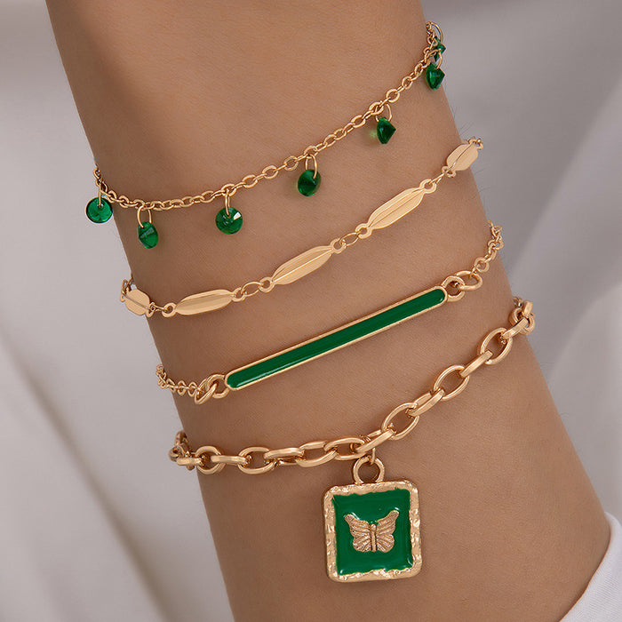 New Oil Drop Butterfly Rectangle Bracelet - Gold Green Inlaid Rhinestone Jewelry Four-Piece Set