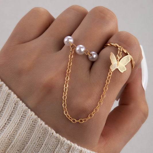 Personalized imitation pearl chain butterfly ring four-piece set