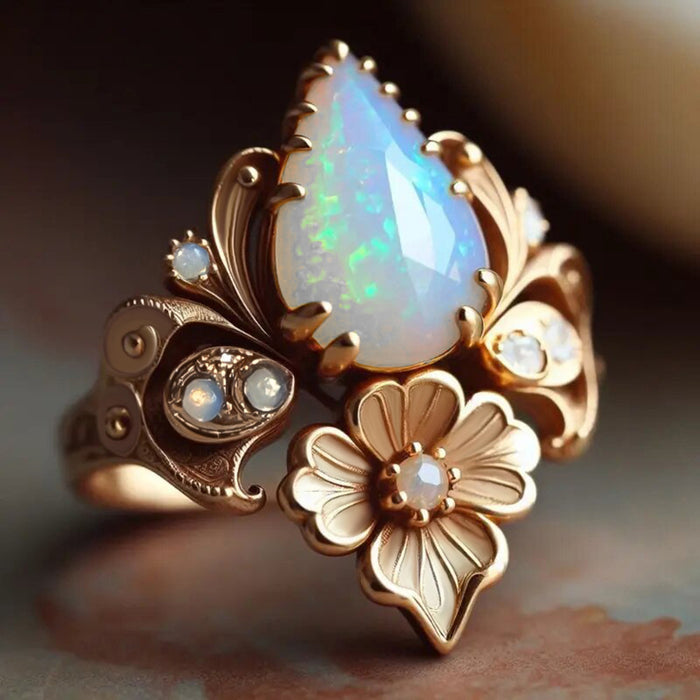 Women's teardrop micro-inlaid imitation opal forest style small fresh ring