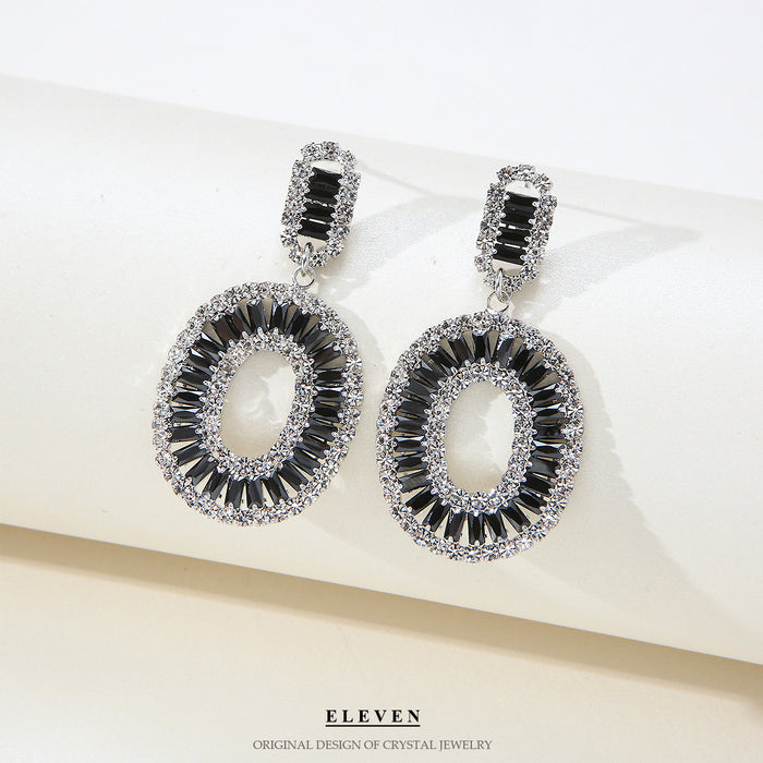 Silver Zircon Oval Earrings - Vintage Exaggerated Studs for a Luxurious Look