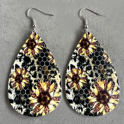 Vintage Western Teardrop Leopard Print Sunflower and Cactus Earrings