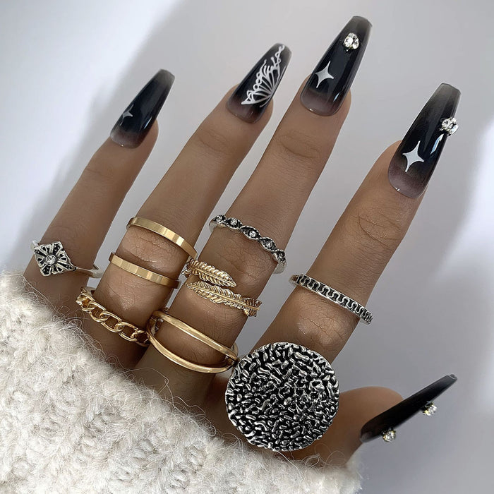 Exaggerated retro gold and silver mixed color geometric ethnic style ring 8-piece set