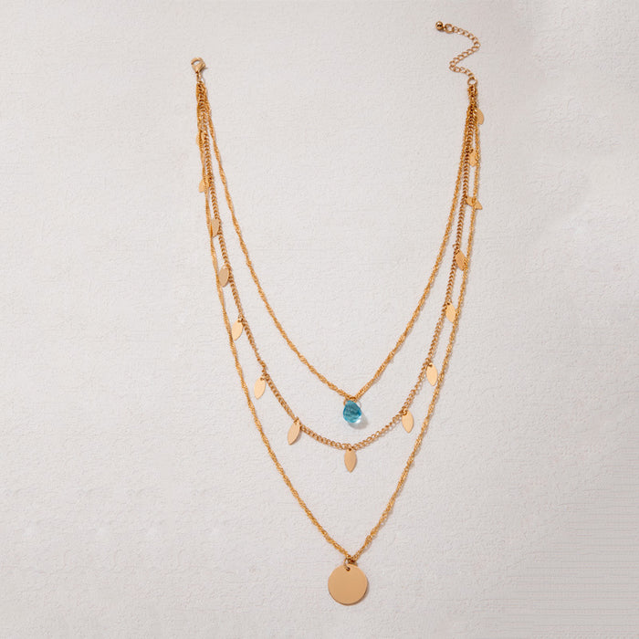 Water Drop & Leaf Layered Necklace - Minimalist Multi-Layer Chain for Women