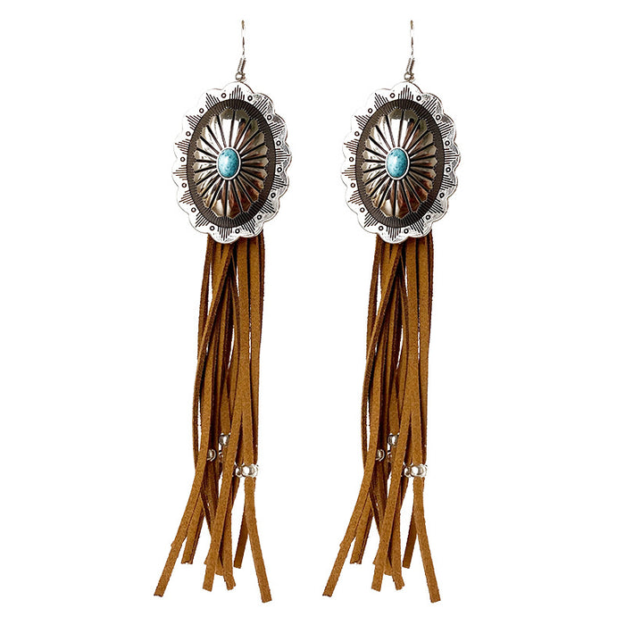 Western Pumpkin Flower Long Tassel Earrings with Vintage Turquoise Leather