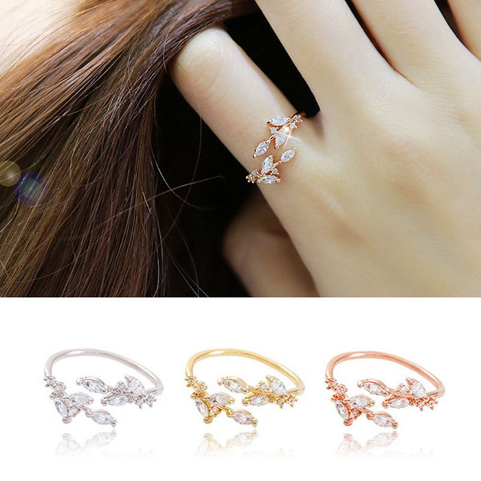 Small fresh and simple leaf zircon open ring, personalized index finger pinky ring