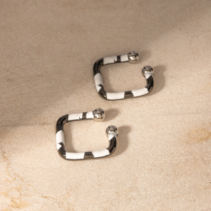 New Stainless Steel Zebra Print Enamel Square Clip-On Earrings - Fashionable Gift for Women