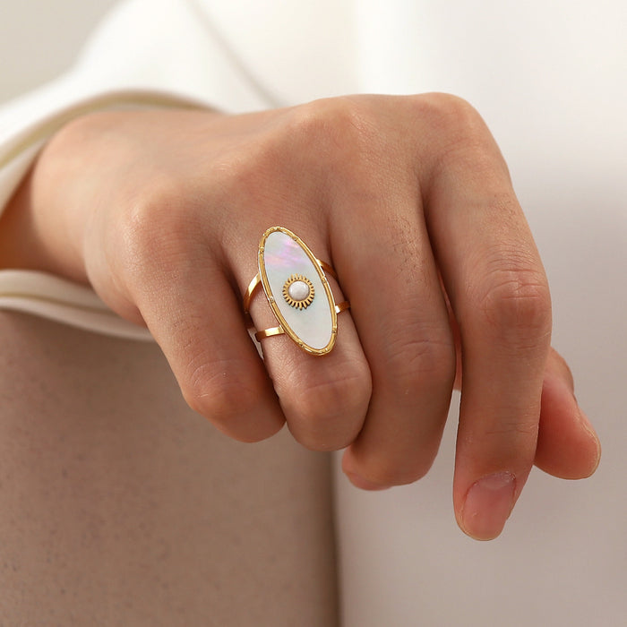 18K Gold Stainless Steel Pearl Ring with Natural Stone Inlay