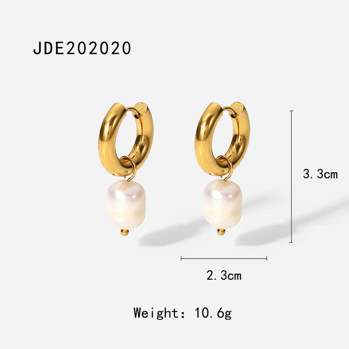 European Minimalist 18K Gold Stainless Steel Earrings - Natural Freshwater Pearl Pendant Hoop Earrings