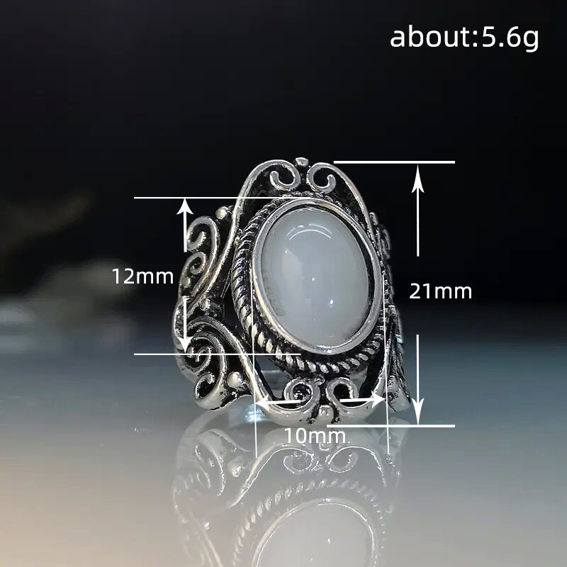 Ring with geometric hollow carvings inlaid with imitation moonstone - wallojewerly 