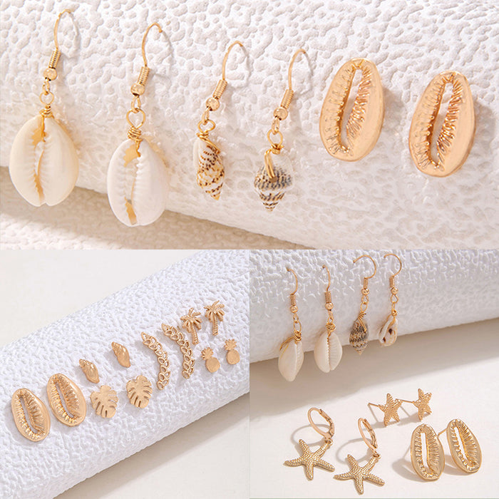 Bohemian jewelry beach shell ear hook three-piece alloy conch earrings