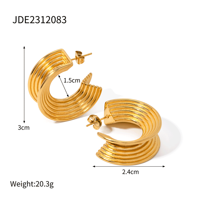 18K Gold Stainless Steel Striped C-Shaped Earrings - INS Style Trendy Line Design Jewelry