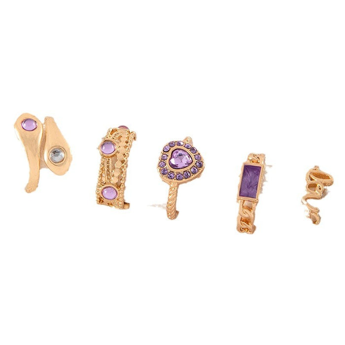 Purple Heart Letter Gemstone Ring Set - 5pcs Exaggerated Snake Rings